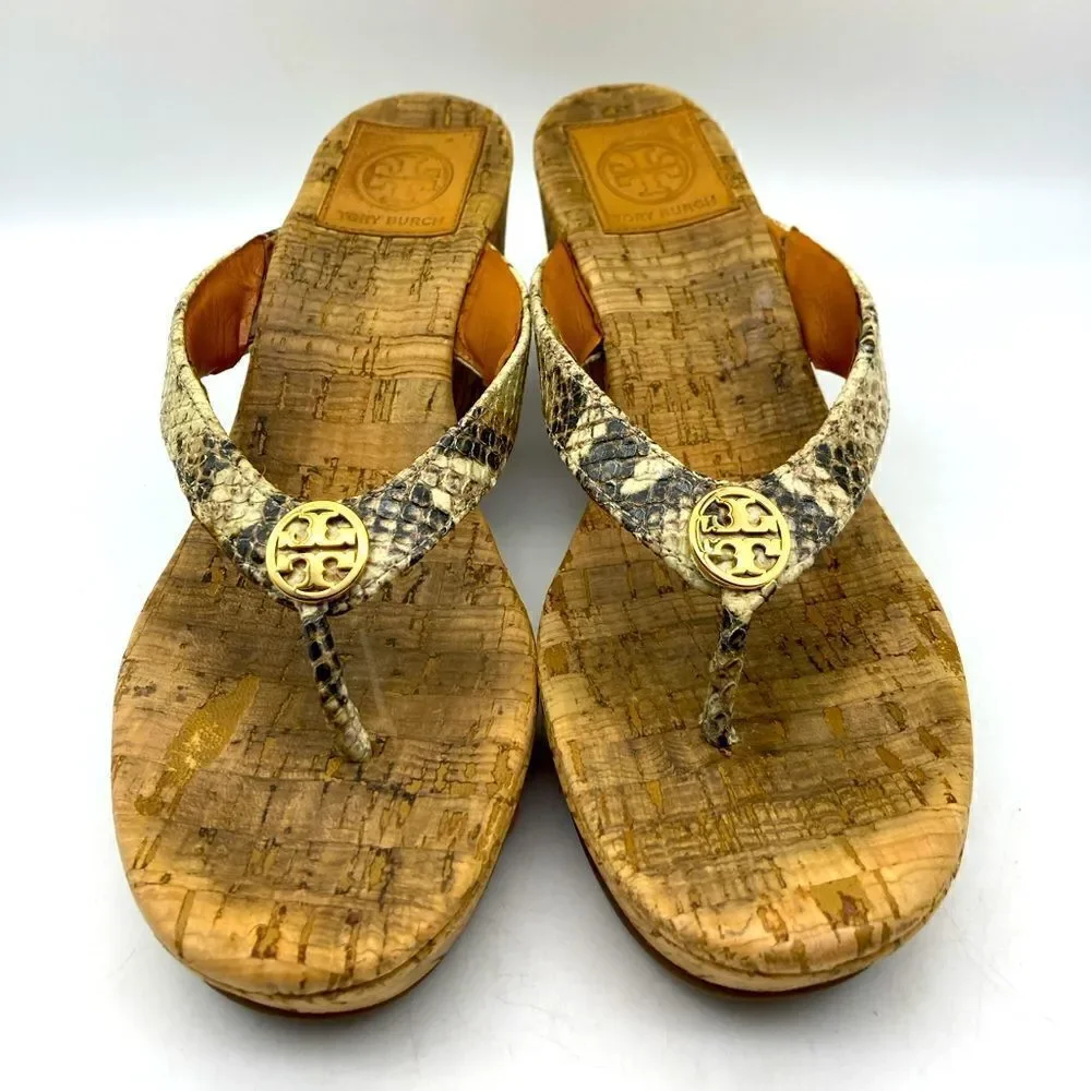 Tory Burch Thora Shake Print Leather/Cork Wedge Sandals Size 7,5